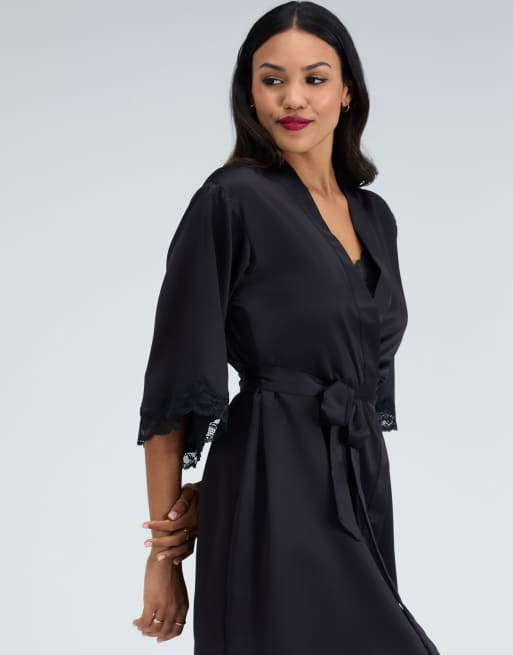 Boux Avenue Amelia matte satin short robe lace trim self tie nightwear in black, 4 of 6