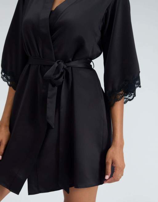 Boux Avenue Amelia matte satin short robe lace trim self tie nightwear in black, 5 of 6