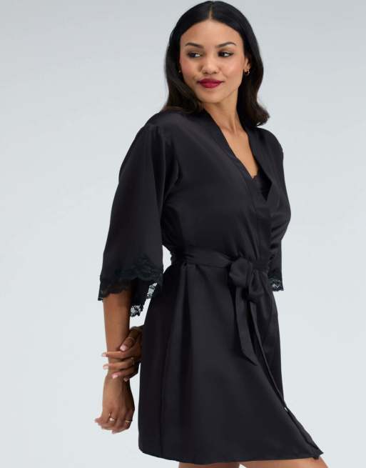 Boux Avenue Amelia matte satin short robe lace trim self tie nightwear in black, 6 of 6