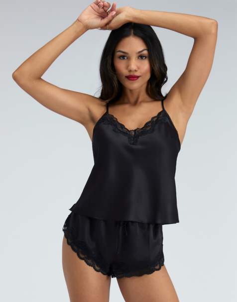 Boux Avenue Amelia satin cami top and shorts pyjama set in black - view 1