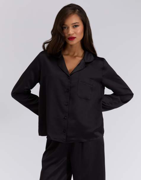 Boux Avenue Amelia satin pyjama set collared top and trousers nightwear in black - view 1