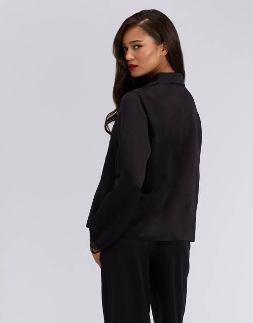 Boux Avenue Amelia satin pyjama set collared top and trousers nightwear in black, 2 of 4