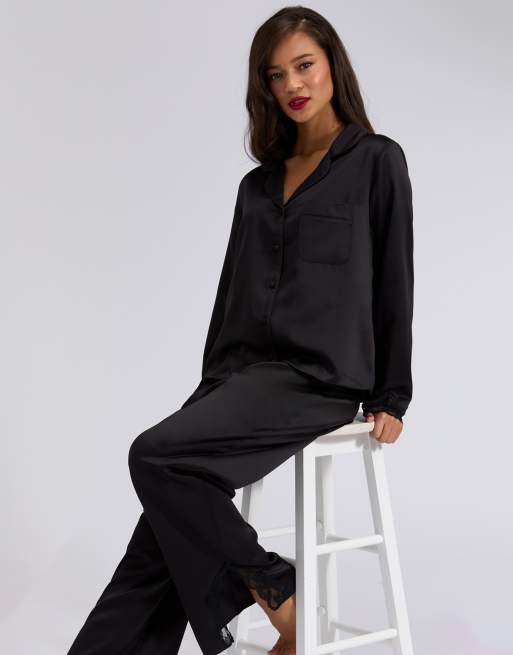 Boux Avenue Amelia satin pyjama set collared top and trousers nightwear in black, 4 of 4