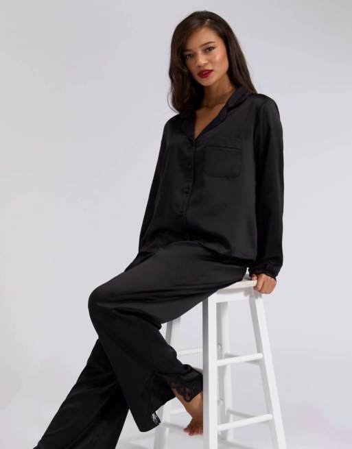 Boux Avenue Amelia satin pyjama set collared top and trousers nightwear in black, 5 of 5