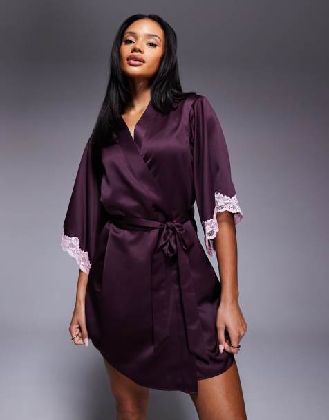 Boux Avenue Amelia satin robe with lace detail in blackberry red - view 1