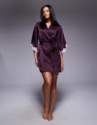 Boux Avenue Amelia Satin Robe With Lace Detail In Red