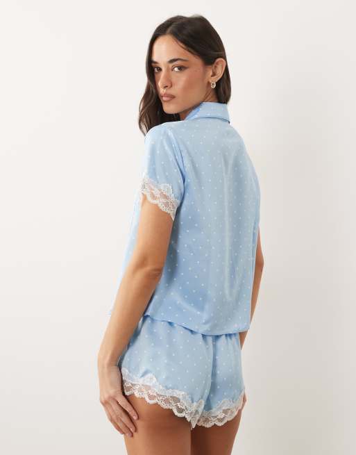 Boux Avenue Amelia short sleeve revere and short set in blue polka dot, 4 of 4