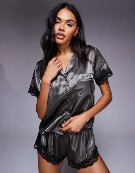 Boux Avenue Amelia silky satin top and shorts pyjama set in khaki mix - view 1