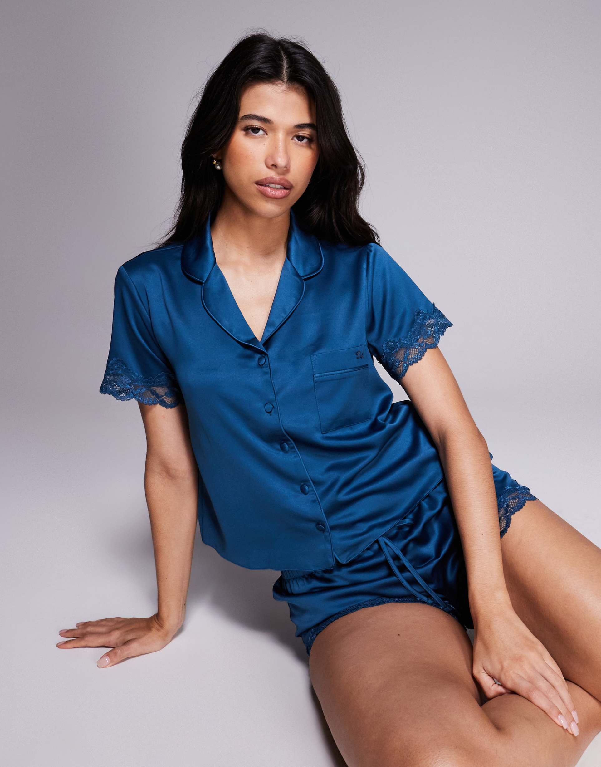 boux avenue amelie matte satin camp collar top and shorts set in dark teal