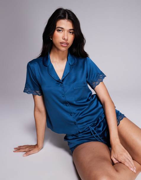 Boux Avenue Amelie matte satin revere top and shorts set in dark teal - view 1