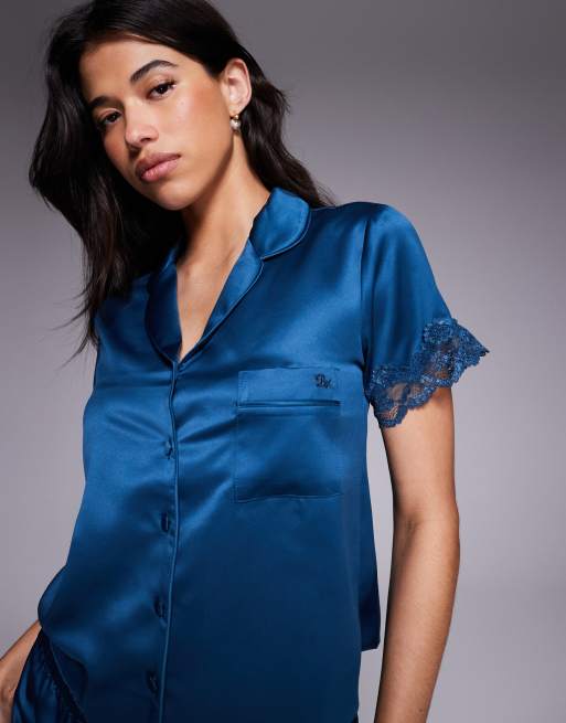 Boux Avenue - Amelie - Pyjama satiné mat avec top avec col à revers et short - Sarcelle foncé, 4 de 4