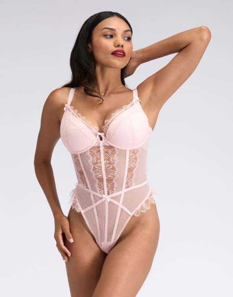 Boux Avenue Amira floral lace bodysuit with satin bow detailing lingerie in light pink - view 1