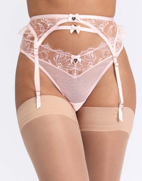 Boux Avenue Amira floral lace suspender belt with satin bow detailing in light pink - view 1