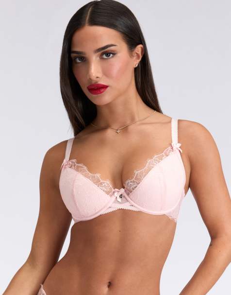 Boux Avenue Amira floral lace underwired padded plunge bra in light pink - view 1