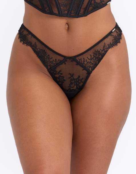 Boux Avenue Ava floral lace thong satin bows detailing lingerie in black