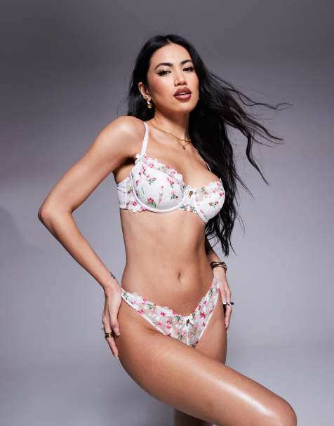 Boux Avenue Blossom Garden embroidered lingerie thong in white - view 1