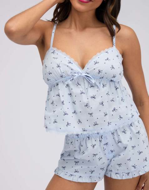 Boux Avenue Bow cotton cami and shorts pyjama set with adjustable straps in blue mix - view 1