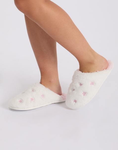 Boux Avenue Bow embroidered fluffy mule slippers soft cosy loungewear in ivory mix - view 1