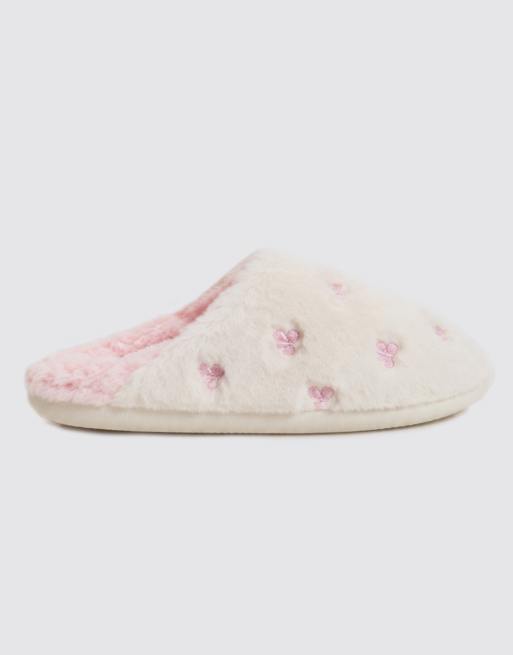 Boux Avenue Bow embroidered fluffy mule slippers soft cosy loungewear in ivory mix, 2 of 7