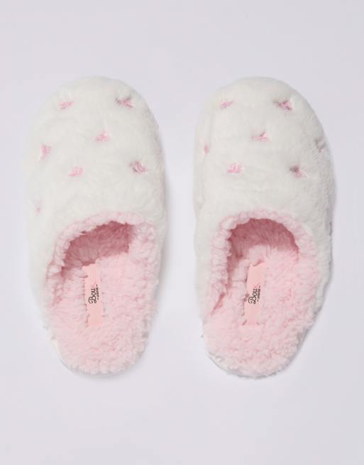 Boux Avenue Bow embroidered fluffy mule slippers soft cosy loungewear in ivory mix, 3 of 7