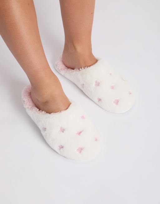 Boux Avenue Bow embroidered fluffy mule slippers soft cosy loungewear in ivory mix, 5 of 7
