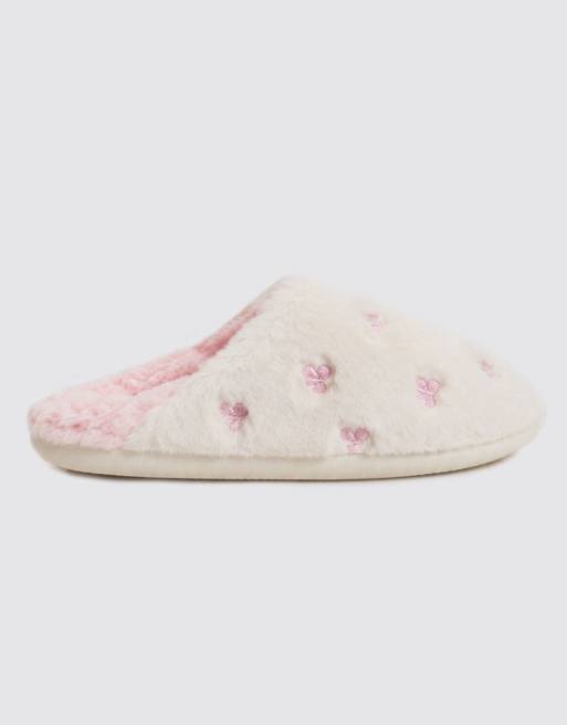 Boux Avenue Bow embroidered fluffy mule slippers soft cosy loungewear in ivory mix, 6 of 7