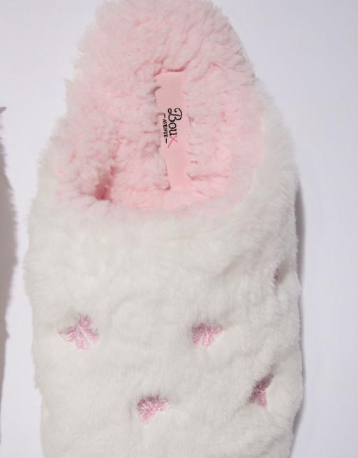 Boux Avenue Bow embroidered fluffy mule slippers soft cosy loungewear in ivory mix, 7 of 7