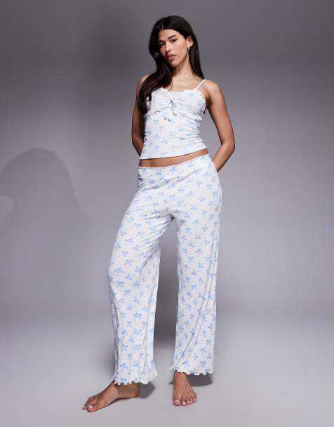 Boux Avenue bow frill cami and pant set in dove blue - view 1