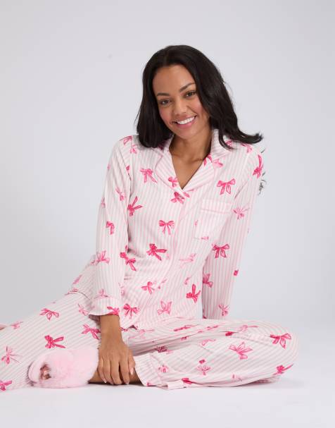 Boux Avenue Bow patterned modal top and trousers pyjama set in red mix - view 1