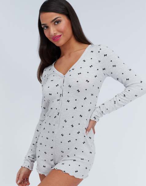 Boux Avenue Bow ribbed playsuit buttoned flattering soft lounge wear in grey marl mix - view 1