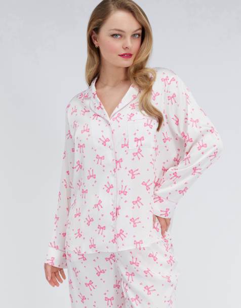 Boux Avenue Bow satin pyjama set oversized top and trousers nightwear in ivory mix - view 1