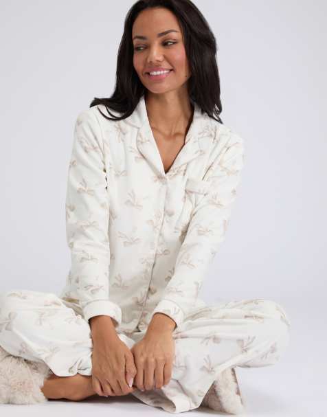 Boux Avenue Bow velour long sleeve top and trousers pyjama set in ivory mix - view 1