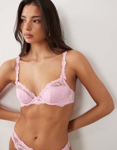 Boux Avenue Briani lace trim plunge bra in bubblegum pink - view 1