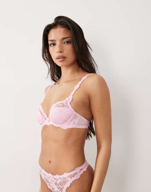 Boux Avenue Briani lace trim plunge bra in bubblegum pink, 2 of 4