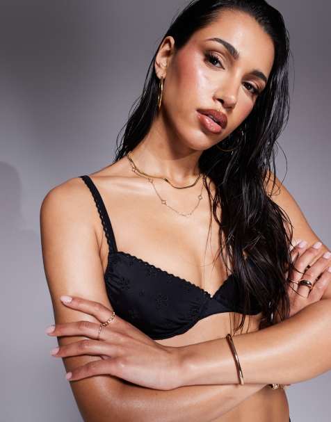 Boux Avenue broderie bikini top with frill trim in black - view 1