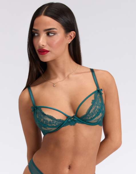 Boux Avenue Brooke sheer lace plunge bra satin bows detailing lingerie in teal - view 1