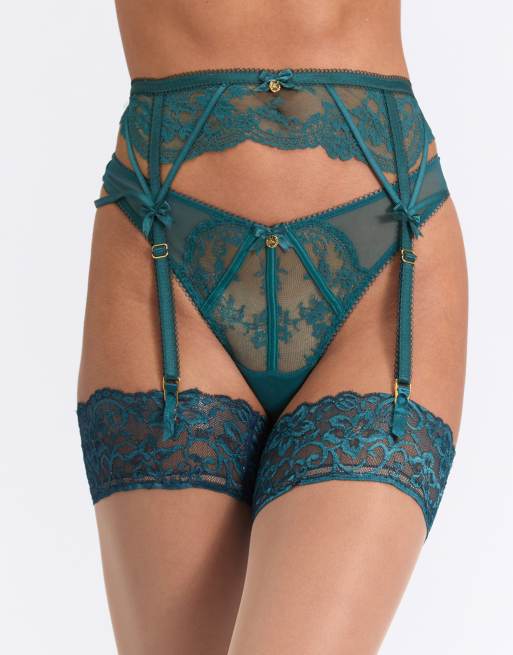 Boux Avenue Brooke sheer lace suspender belt satin bows detailing in teal