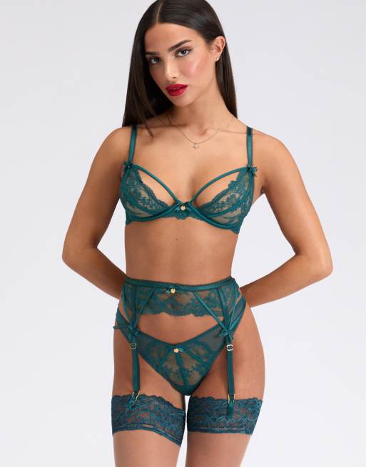 Boux Avenue Brooke sheer lace suspender belt satin bows detailing in teal, 2 of 3