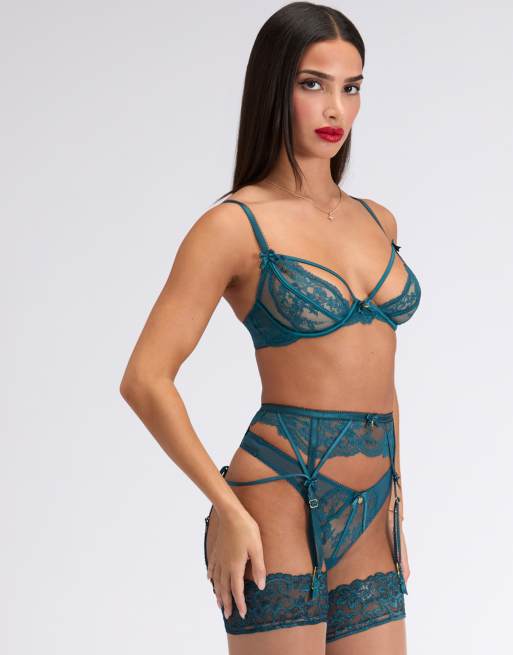 Boux Avenue Brooke sheer lace suspender belt satin bows detailing in teal, 3 of 3