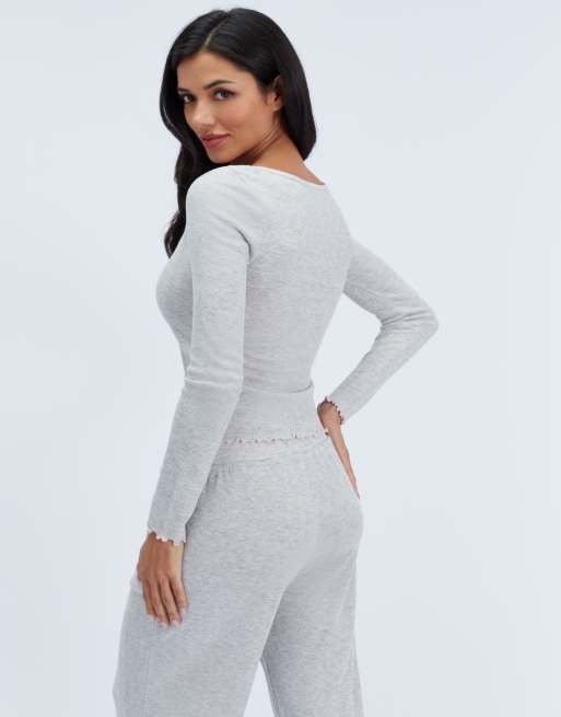 Boux Avenue Brushed pointelle long pyjama set top and trousers nightwear in grey marl, 2 of 7