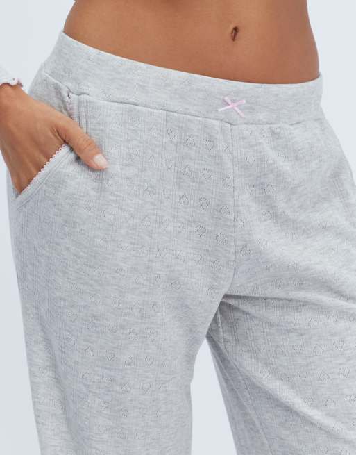Boux Avenue Brushed pointelle long pyjama set top and trousers nightwear in grey marl, 3 of 7