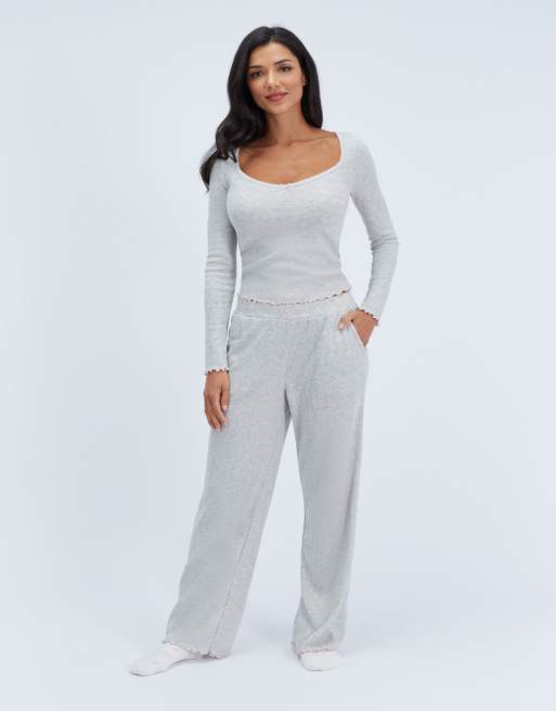 Boux Avenue Brushed pointelle long pyjama set top and trousers nightwear in grey marl, 6 of 7