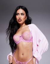 Boux Avenue Layla embroidered flower ribbon thong in pink