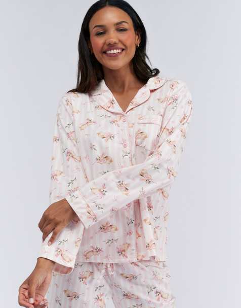 Boux Avenue Bunnies top and bottoms pyjama set with matching bag in powder pink - view 1