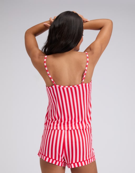Boux Avenue cami top and shorts pyjama set candy striped print in red mix, 2 of 4