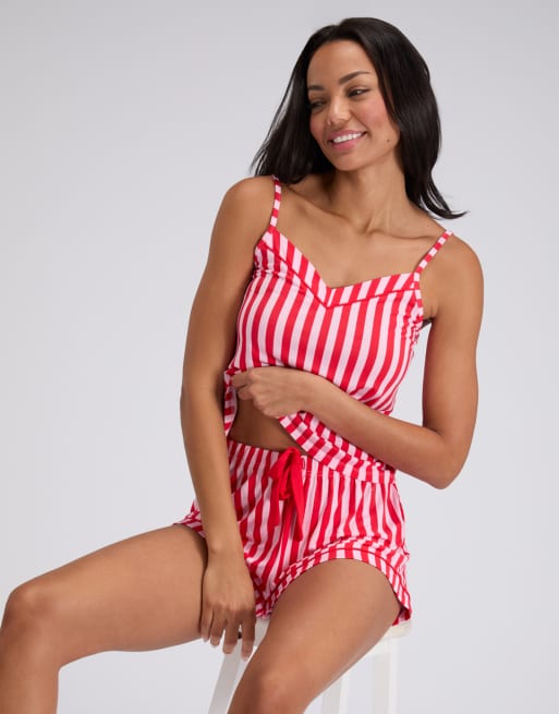 Boux Avenue cami top and shorts pyjama set candy striped print in red mix, 3 of 4