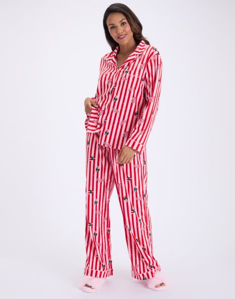 Boux Avenue Candy cane christmas pyjama set with bag fleece nightwear pj in red mix - view 1