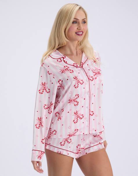 Boux Avenue Candy cane satin short pyjama set top and shorts nightwear in pink mix - view 1