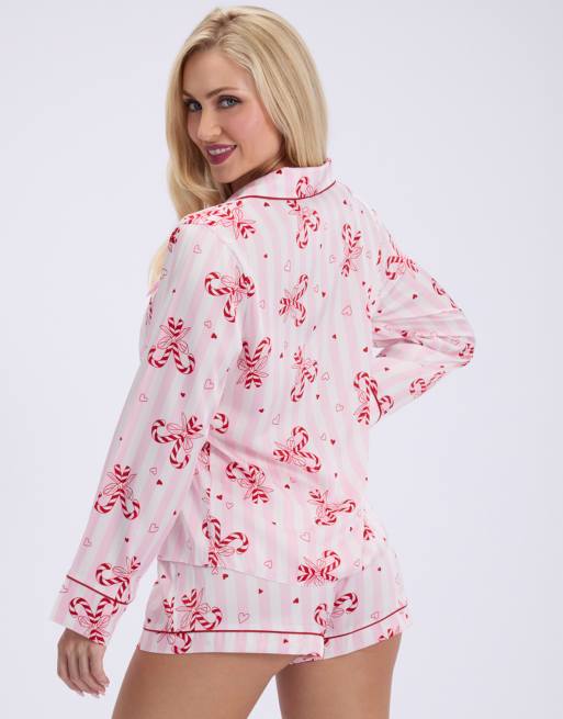 Boux Avenue Candy cane satin short pyjama set top and shorts nightwear in pink mix, 2 of 5