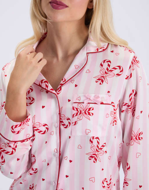 Boux Avenue Candy cane satin short pyjama set top and shorts nightwear in pink mix, 3 of 5